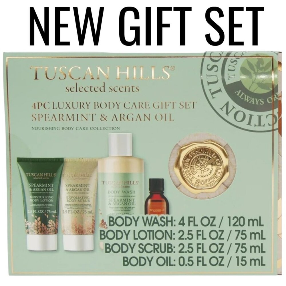 Tuscan Hills Bath and Body Care Gift Set Spearmint Argon Oil 4 Piece NEW Include